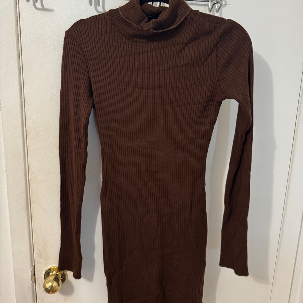 Bershka Brown Ribbed Turtleneck Dress